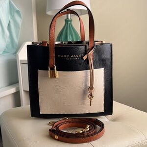 Marc Jacobs Black, Cream & Brown Leather Satchel with Gold Hardware